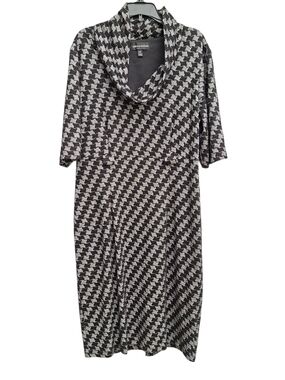 Connected Apparel Black & White Houndstooth Cowl Neck Midi Dress Size 12